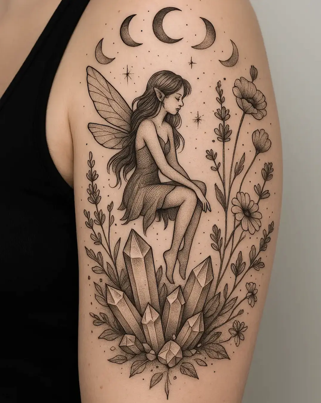 Black & White arm tattoo of a fairy with wildflowers, crystals, moon phases, and stars. Black & White arm tattoo of a fairy with wildflowers, crystals, moon phases, and stars.